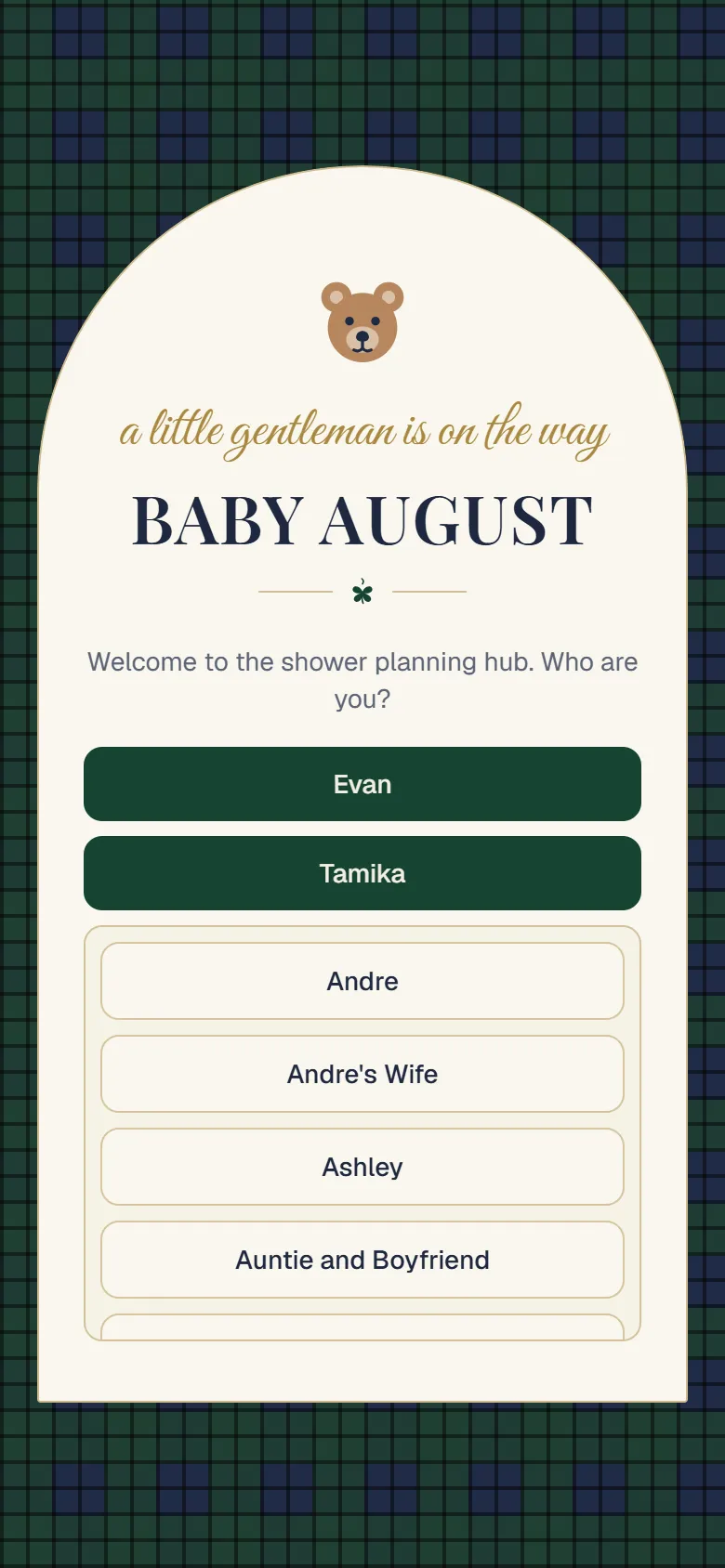 Baby August welcome screen with guest picker