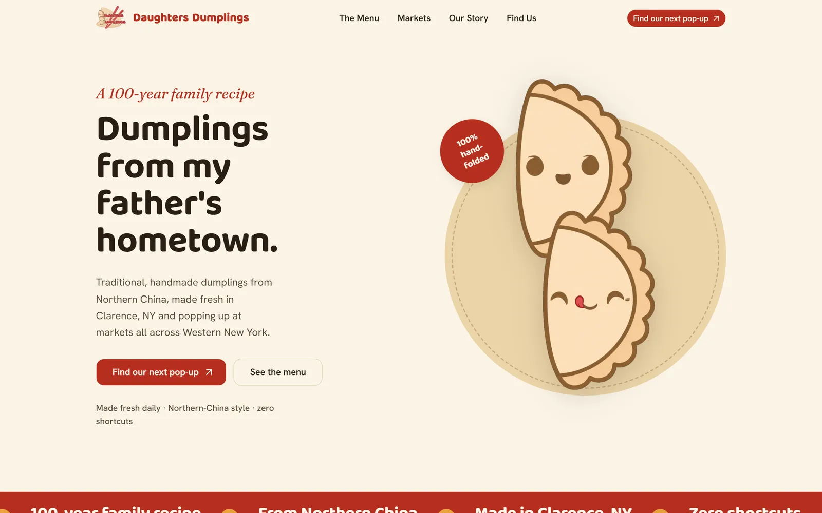 Daughters Dumplings homepage with illustrated dumplings
