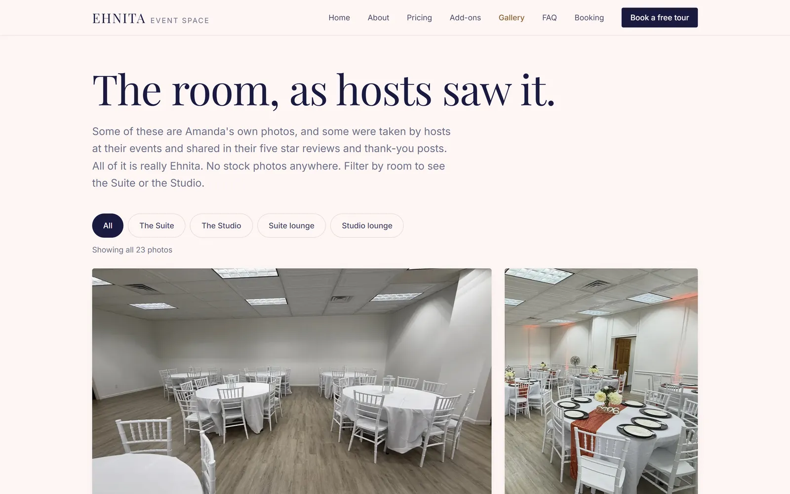 The photo gallery page on the Ehnita Event Space website