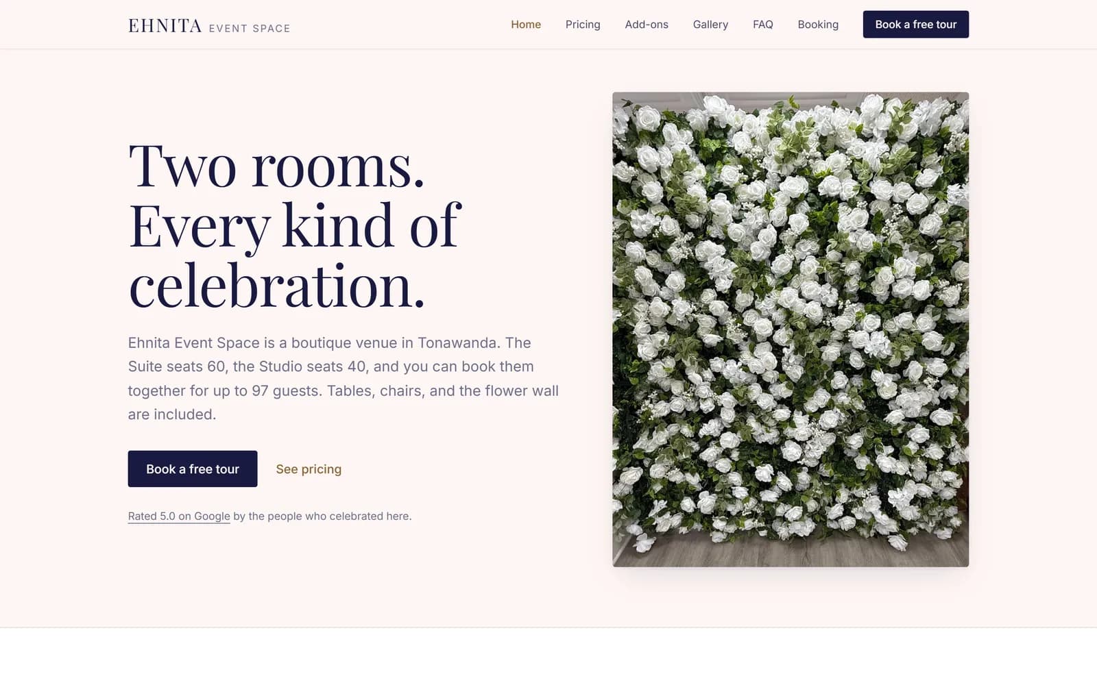 Ehnita Event Space homepage with flower wall