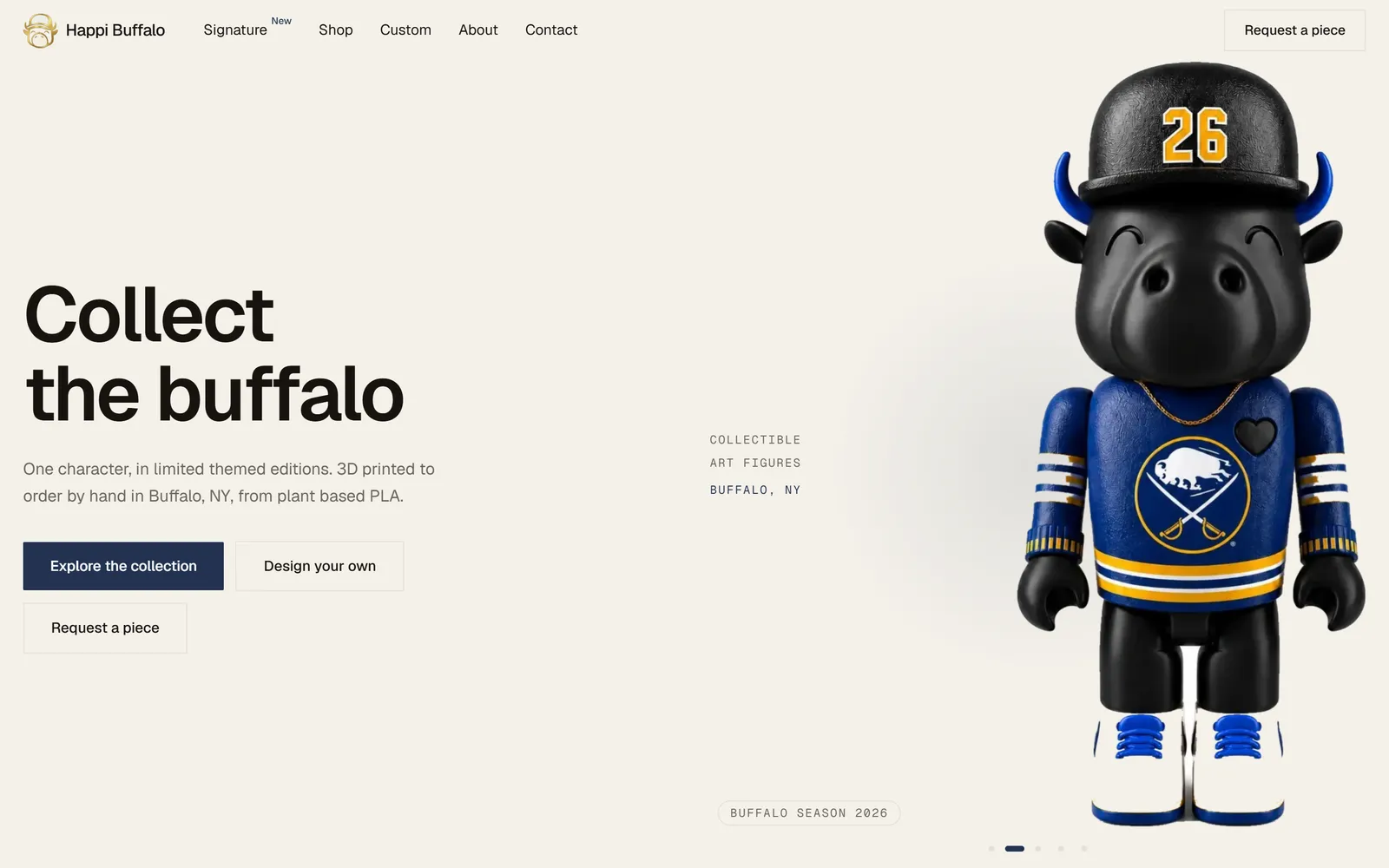Happi Buffalo homepage with collectible figure