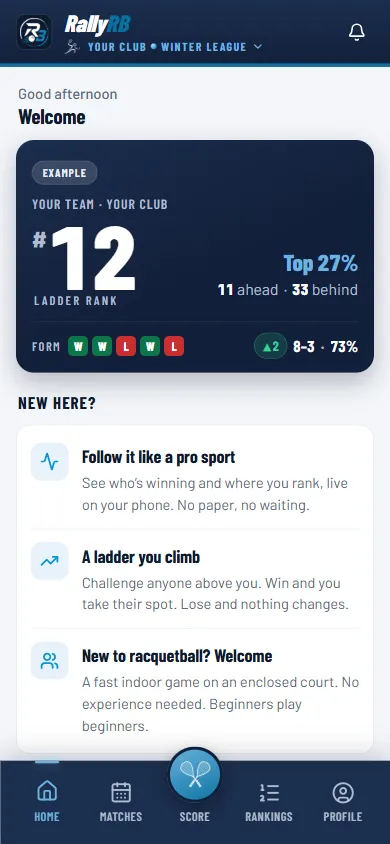 RallyRB home screen with ladder rank card