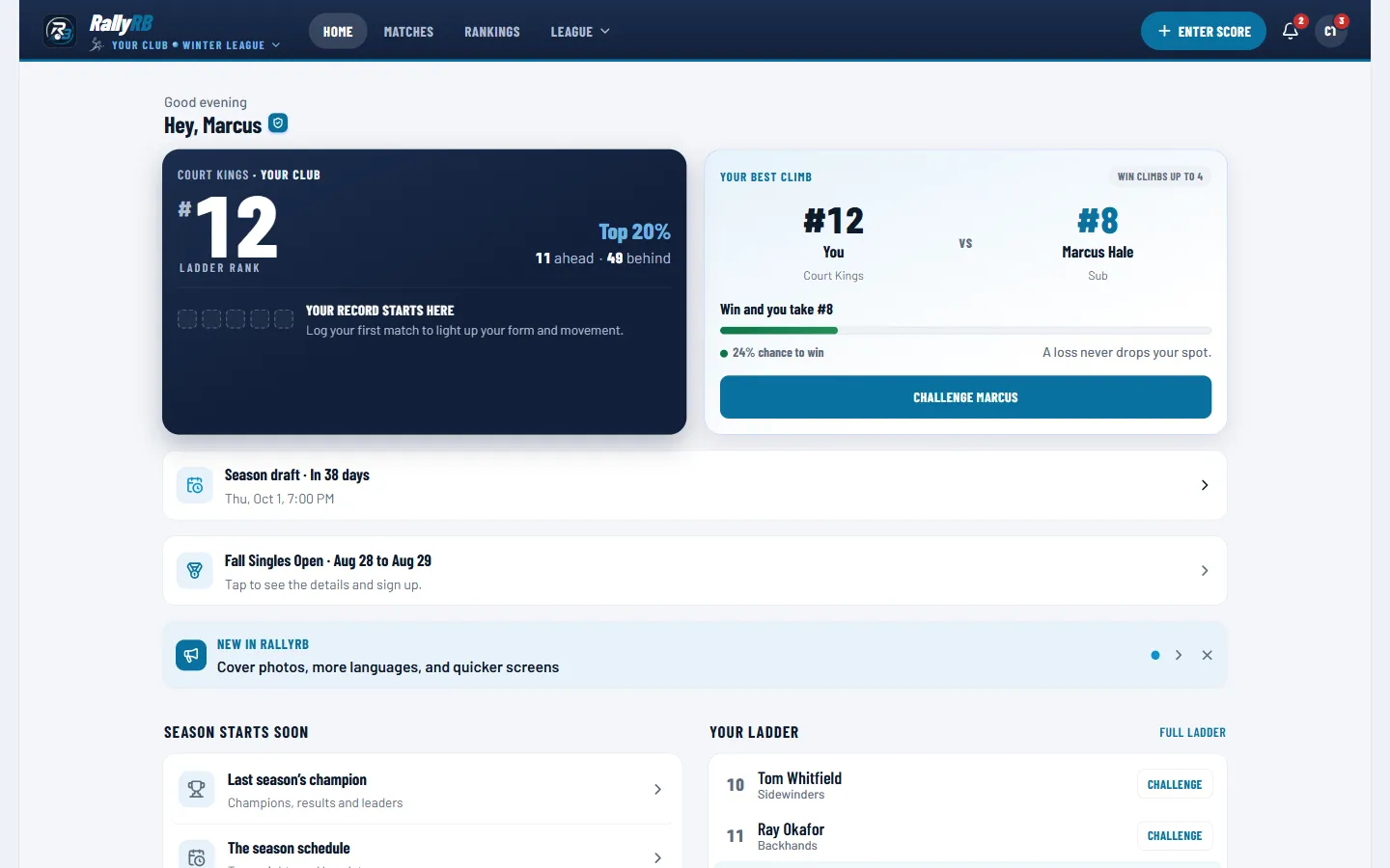 RallyRB desktop dashboard with ladder and challenges