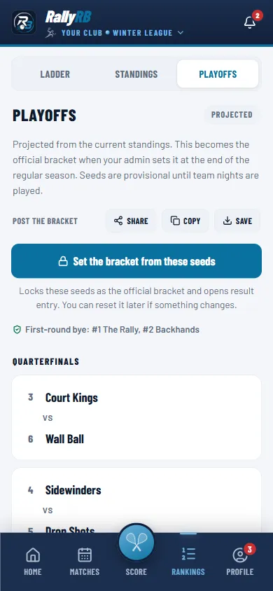 RallyRB playoff bracket on mobile
