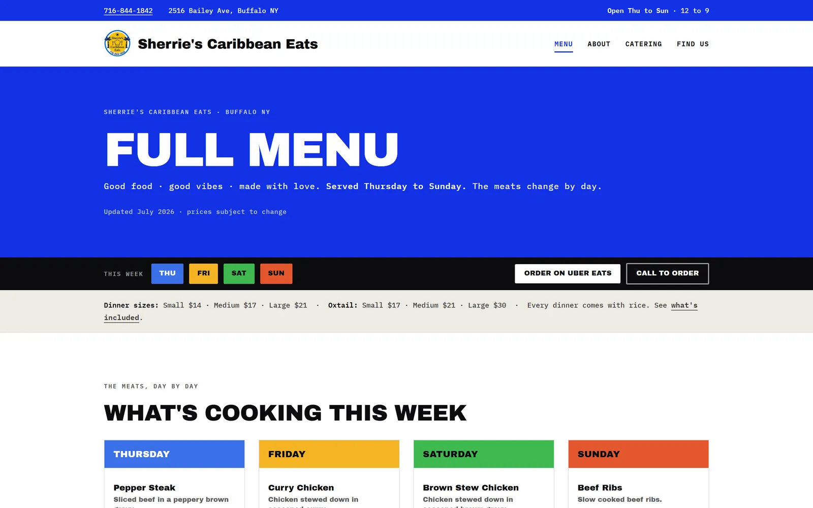 Sherrie's full menu with prices